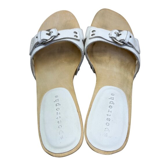 Apostrophe Women’s White Leather Buckle Strap Mina Wooden Heeled Sandals Sz 7M - Picture 7 of 8